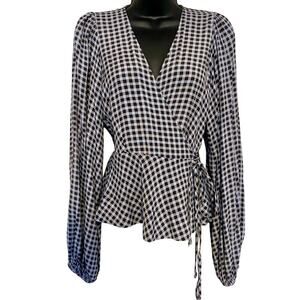 GANNI Gingham Wrap Top Womens Size 36 Small 4 Long Sleeve Blouse